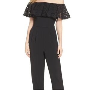 Eliza J Anthropologie Black Wide Leg Pants Jumpsuit - Lace Off Shoulder Collar
